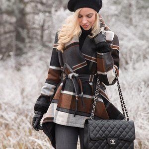 Brown plaid cape belted coat